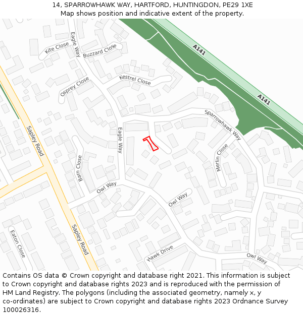 14, SPARROWHAWK WAY, HARTFORD, HUNTINGDON, PE29 1XE: Location map and indicative extent of plot