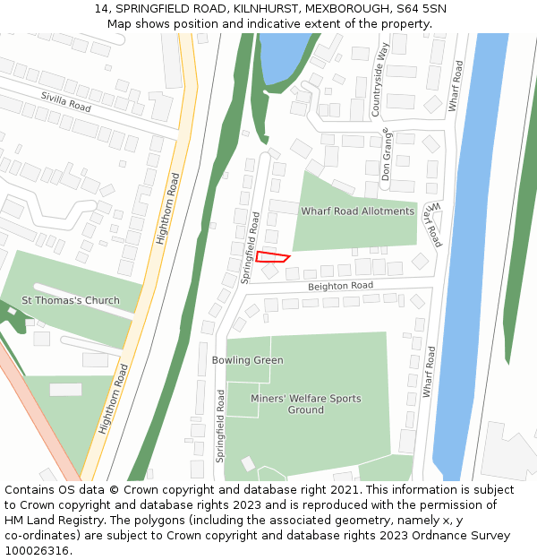 14, SPRINGFIELD ROAD, KILNHURST, MEXBOROUGH, S64 5SN: Location map and indicative extent of plot