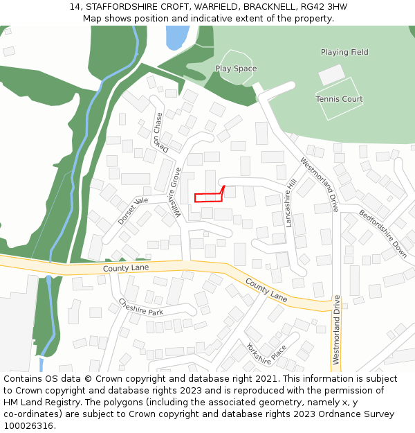 14, STAFFORDSHIRE CROFT, WARFIELD, BRACKNELL, RG42 3HW: Location map and indicative extent of plot