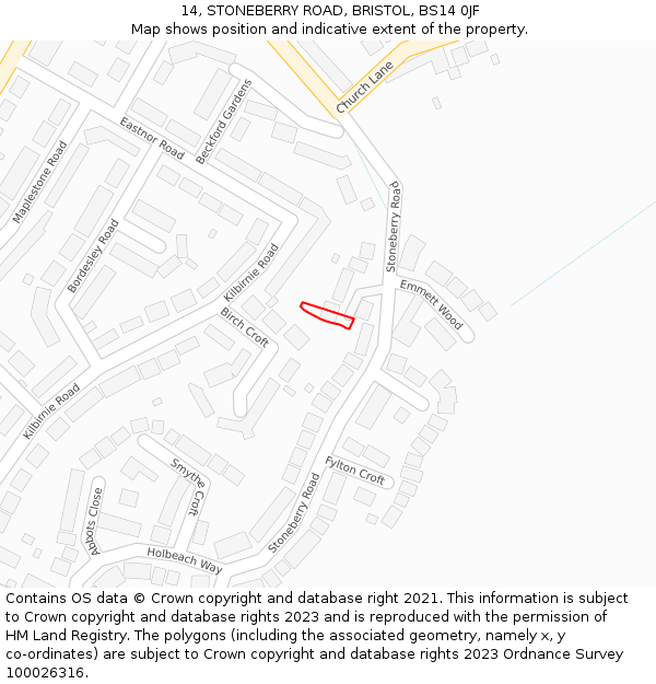 14, STONEBERRY ROAD, BRISTOL, BS14 0JF: Location map and indicative extent of plot