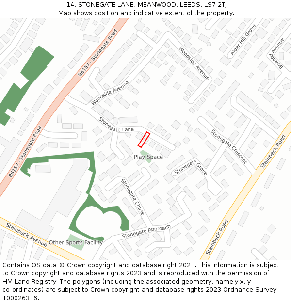 14, STONEGATE LANE, MEANWOOD, LEEDS, LS7 2TJ: Location map and indicative extent of plot