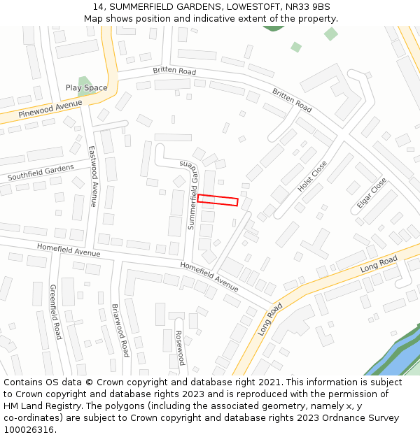14, SUMMERFIELD GARDENS, LOWESTOFT, NR33 9BS: Location map and indicative extent of plot