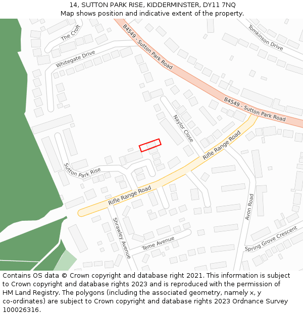14, SUTTON PARK RISE, KIDDERMINSTER, DY11 7NQ: Location map and indicative extent of plot