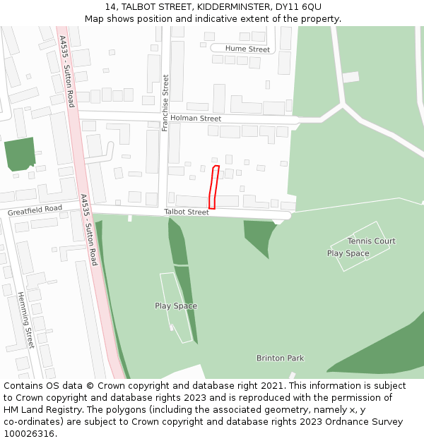 14, TALBOT STREET, KIDDERMINSTER, DY11 6QU: Location map and indicative extent of plot