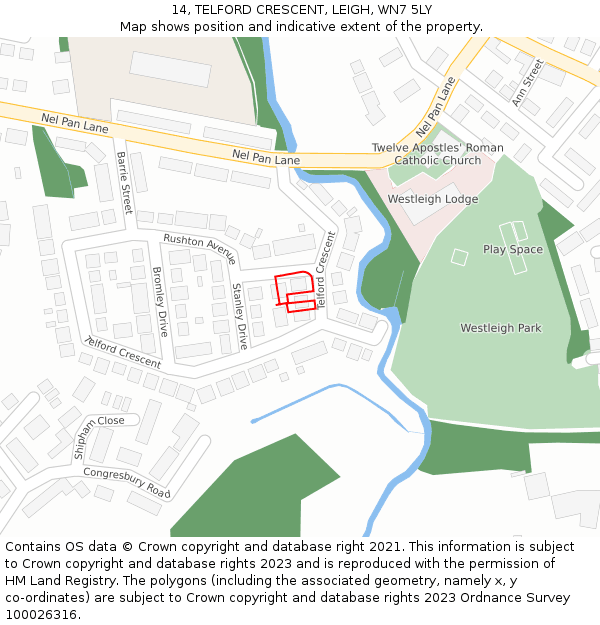 14, TELFORD CRESCENT, LEIGH, WN7 5LY: Location map and indicative extent of plot
