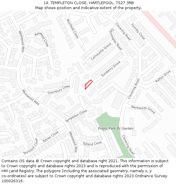 14, TEMPLETON CLOSE, HARTLEPOOL, TS27 3RB: Location map and indicative extent of plot