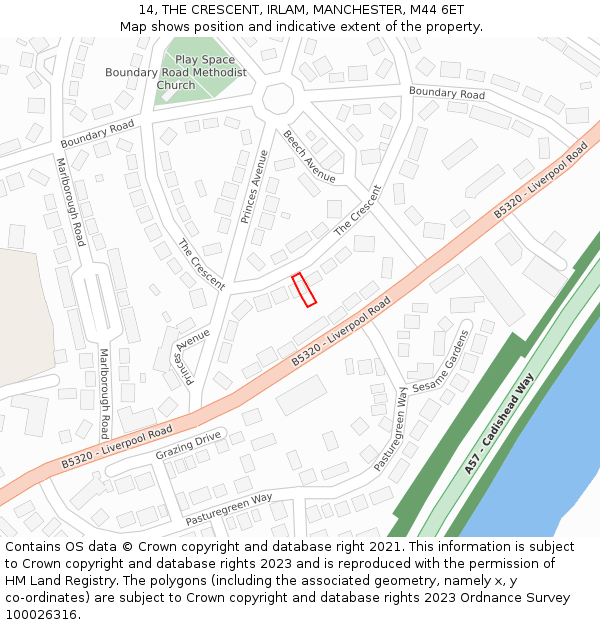 14, THE CRESCENT, IRLAM, MANCHESTER, M44 6ET: Location map and indicative extent of plot