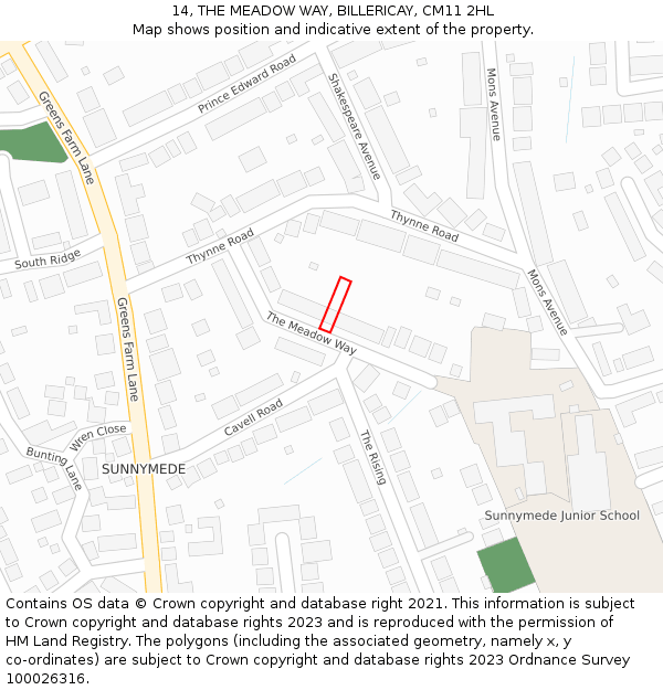 14, THE MEADOW WAY, BILLERICAY, CM11 2HL: Location map and indicative extent of plot