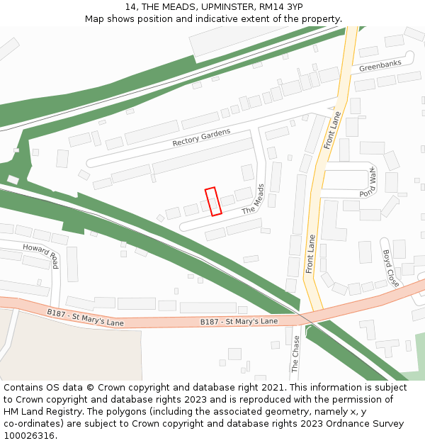 14, THE MEADS, UPMINSTER, RM14 3YP: Location map and indicative extent of plot