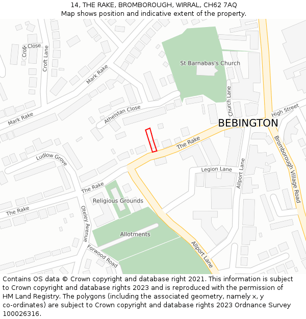 14, THE RAKE, BROMBOROUGH, WIRRAL, CH62 7AQ: Location map and indicative extent of plot