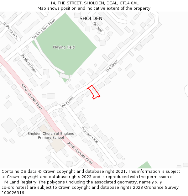 14, THE STREET, SHOLDEN, DEAL, CT14 0AL: Location map and indicative extent of plot