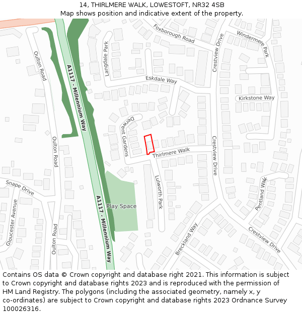 14, THIRLMERE WALK, LOWESTOFT, NR32 4SB: Location map and indicative extent of plot