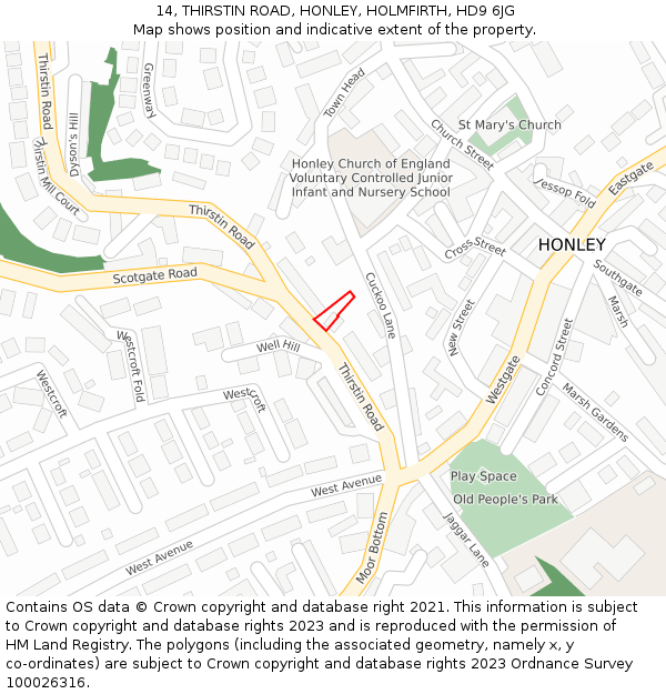 14, THIRSTIN ROAD, HONLEY, HOLMFIRTH, HD9 6JG: Location map and indicative extent of plot