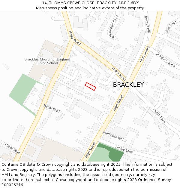 14, THOMAS CREWE CLOSE, BRACKLEY, NN13 6DX: Location map and indicative extent of plot