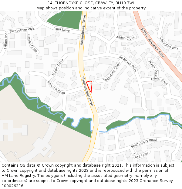 14, THORNDYKE CLOSE, CRAWLEY, RH10 7WL: Location map and indicative extent of plot