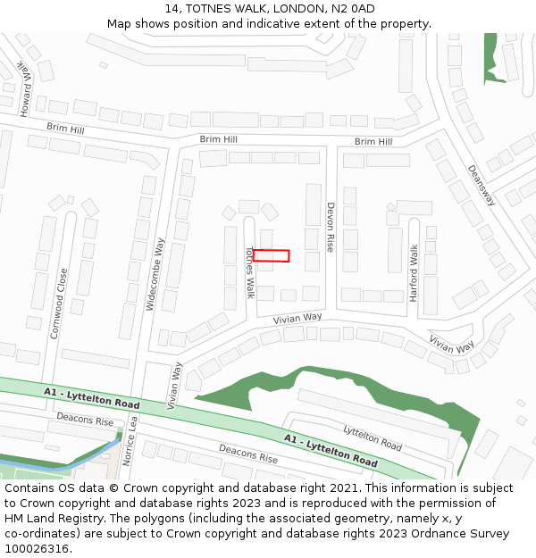 14, TOTNES WALK, LONDON, N2 0AD: Location map and indicative extent of plot