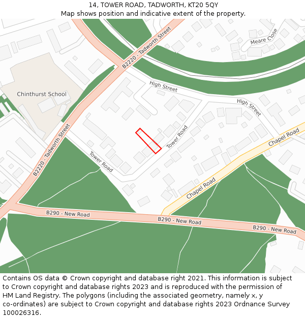 14, TOWER ROAD, TADWORTH, KT20 5QY: Location map and indicative extent of plot