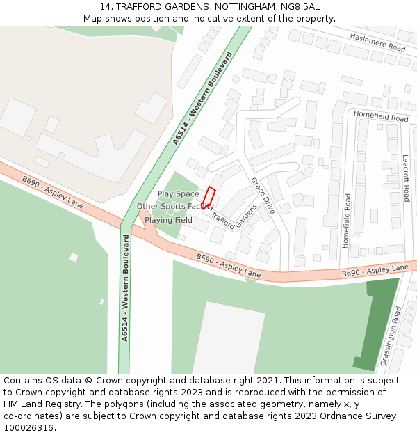 14, TRAFFORD GARDENS, NOTTINGHAM, NG8 5AL: Location map and indicative extent of plot