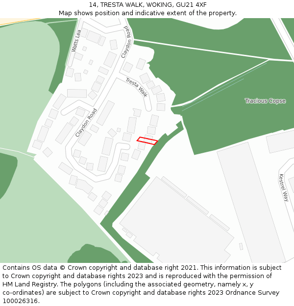 14, TRESTA WALK, WOKING, GU21 4XF: Location map and indicative extent of plot