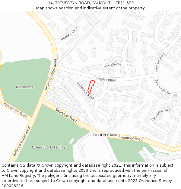 14, TREVERBYN ROAD, FALMOUTH, TR11 5BS: Location map and indicative extent of plot