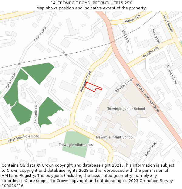 14, TREWIRGIE ROAD, REDRUTH, TR15 2SX: Location map and indicative extent of plot