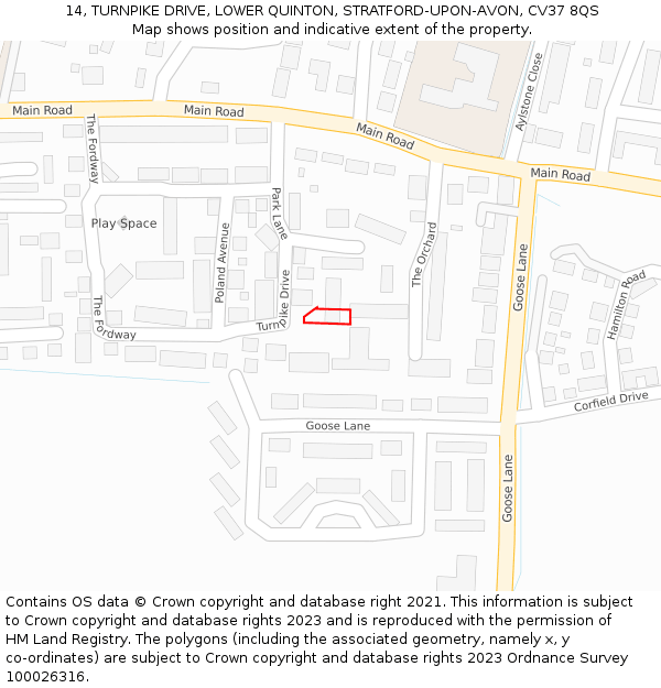 14, TURNPIKE DRIVE, LOWER QUINTON, STRATFORD-UPON-AVON, CV37 8QS: Location map and indicative extent of plot