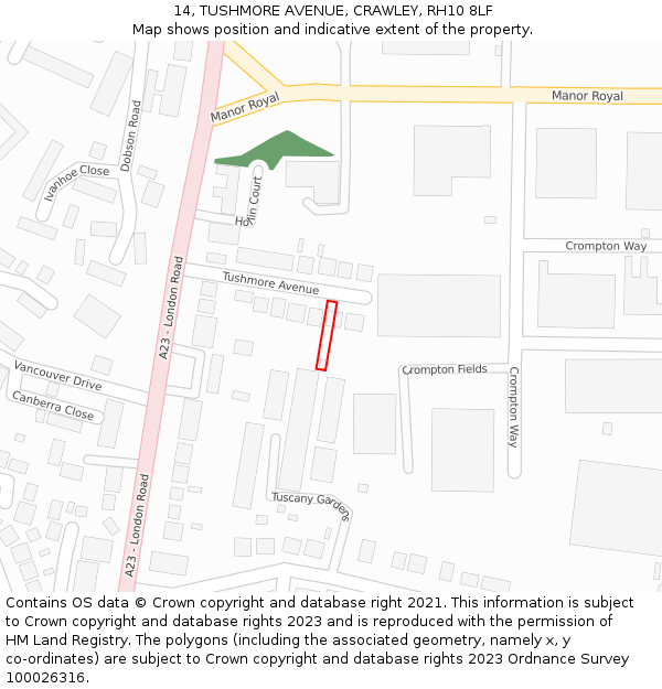14, TUSHMORE AVENUE, CRAWLEY, RH10 8LF: Location map and indicative extent of plot