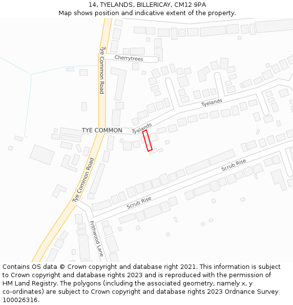 14, TYELANDS, BILLERICAY, CM12 9PA: Location map and indicative extent of plot