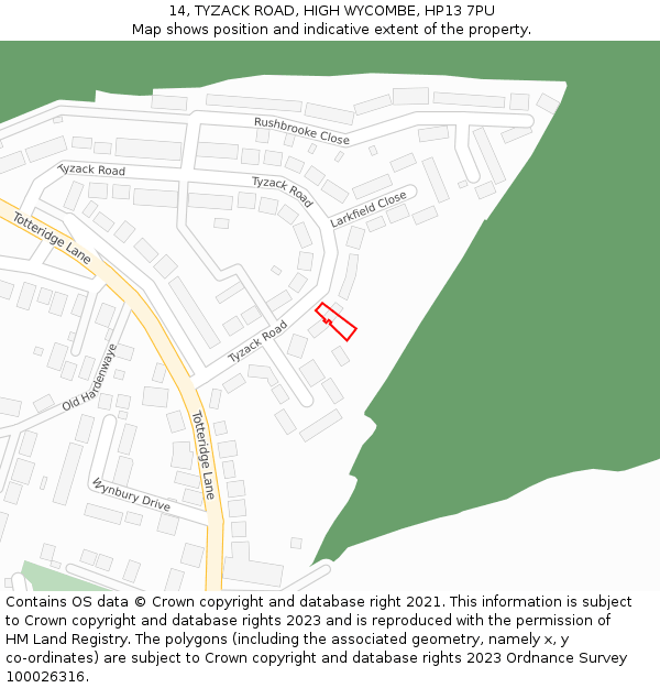 14, TYZACK ROAD, HIGH WYCOMBE, HP13 7PU: Location map and indicative extent of plot