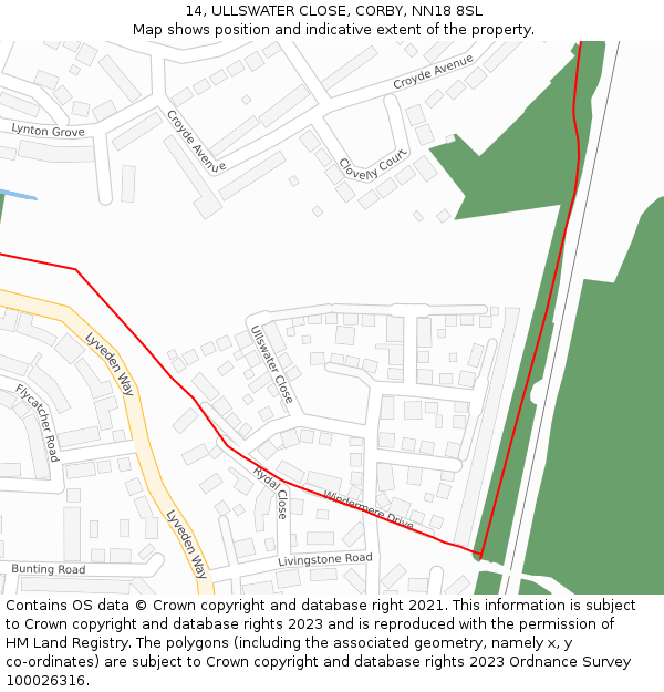 14, ULLSWATER CLOSE, CORBY, NN18 8SL: Location map and indicative extent of plot
