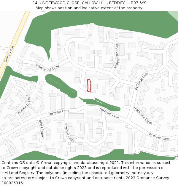 14, UNDERWOOD CLOSE, CALLOW HILL, REDDITCH, B97 5YS: Location map and indicative extent of plot