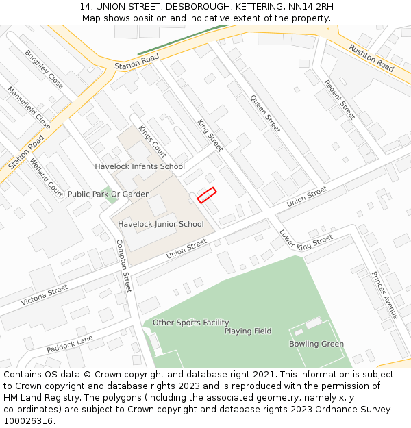 14, UNION STREET, DESBOROUGH, KETTERING, NN14 2RH: Location map and indicative extent of plot