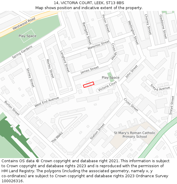 14, VICTORIA COURT, LEEK, ST13 8BS: Location map and indicative extent of plot
