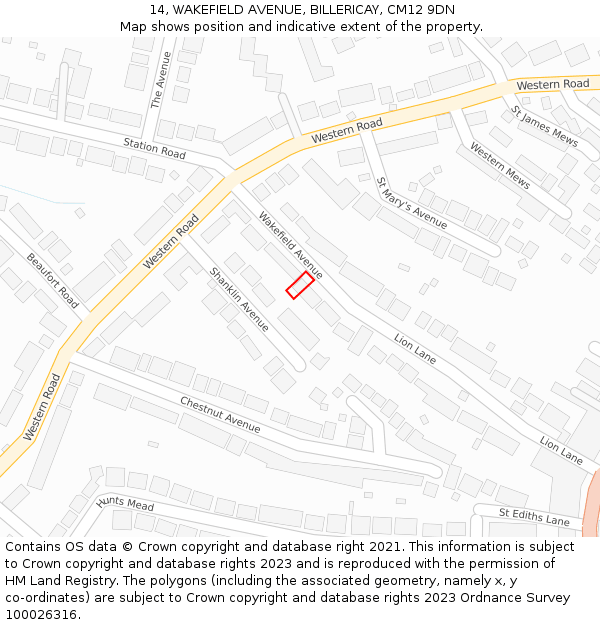 14, WAKEFIELD AVENUE, BILLERICAY, CM12 9DN: Location map and indicative extent of plot