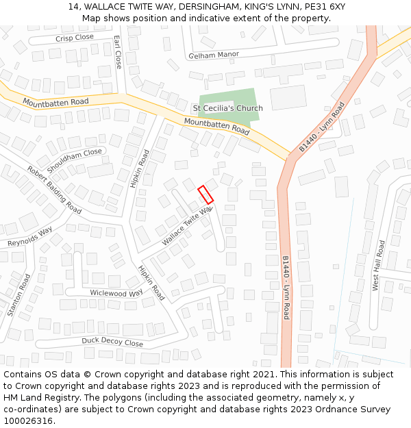 14, WALLACE TWITE WAY, DERSINGHAM, KING'S LYNN, PE31 6XY: Location map and indicative extent of plot