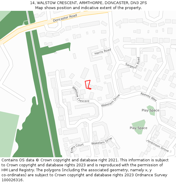 14, WALSTOW CRESCENT, ARMTHORPE, DONCASTER, DN3 2FS: Location map and indicative extent of plot