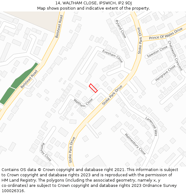 14, WALTHAM CLOSE, IPSWICH, IP2 9DJ: Location map and indicative extent of plot