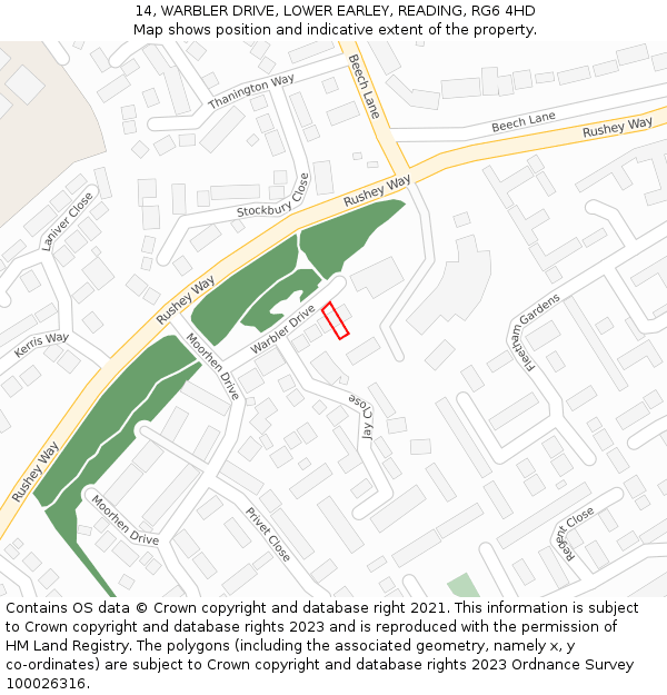 14, WARBLER DRIVE, LOWER EARLEY, READING, RG6 4HD: Location map and indicative extent of plot