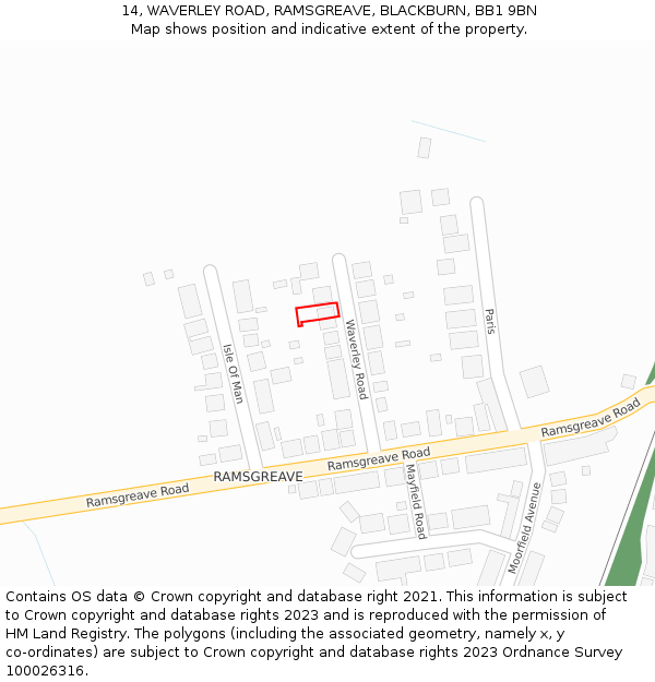 14, WAVERLEY ROAD, RAMSGREAVE, BLACKBURN, BB1 9BN: Location map and indicative extent of plot