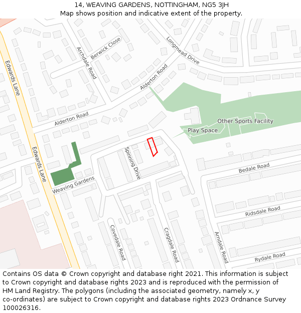 14, WEAVING GARDENS, NOTTINGHAM, NG5 3JH: Location map and indicative extent of plot