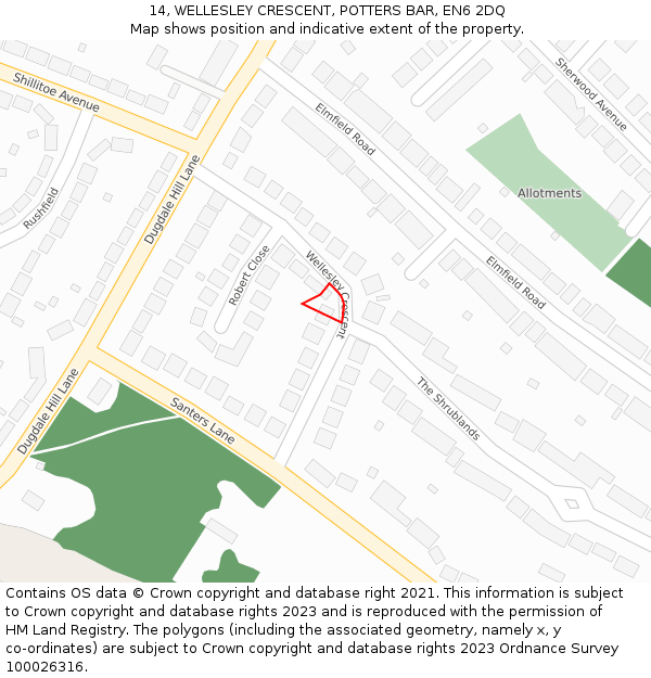 14, WELLESLEY CRESCENT, POTTERS BAR, EN6 2DQ: Location map and indicative extent of plot