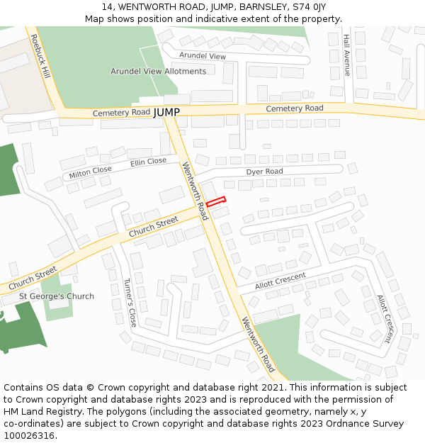 14, WENTWORTH ROAD, JUMP, BARNSLEY, S74 0JY: Location map and indicative extent of plot