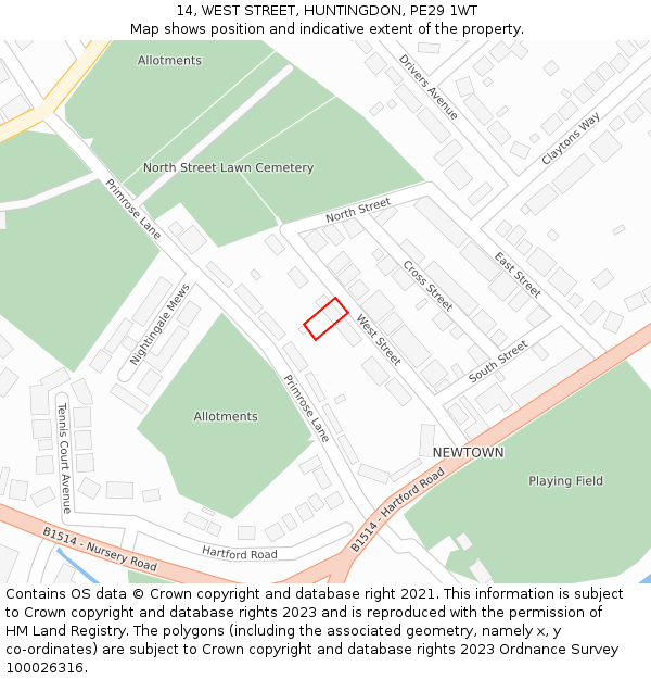14, WEST STREET, HUNTINGDON, PE29 1WT: Location map and indicative extent of plot