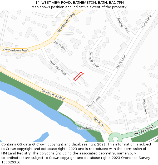 14, WEST VIEW ROAD, BATHEASTON, BATH, BA1 7PN: Location map and indicative extent of plot