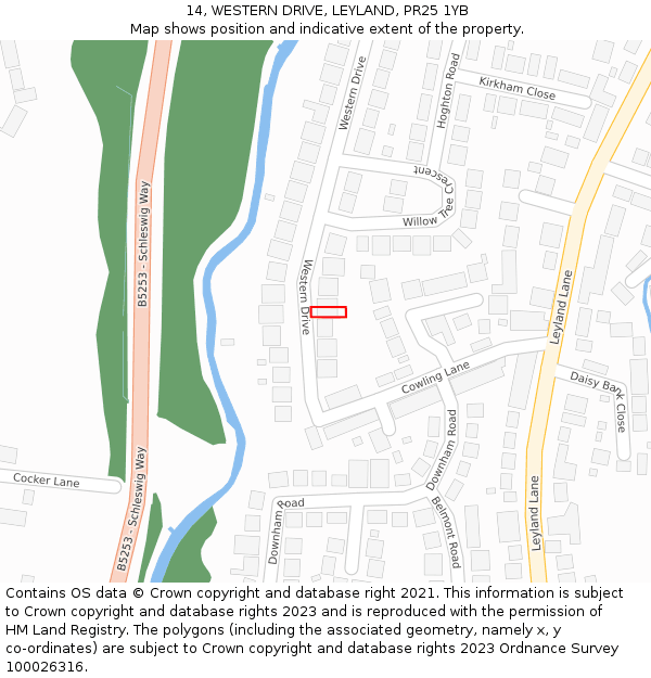 14, WESTERN DRIVE, LEYLAND, PR25 1YB: Location map and indicative extent of plot