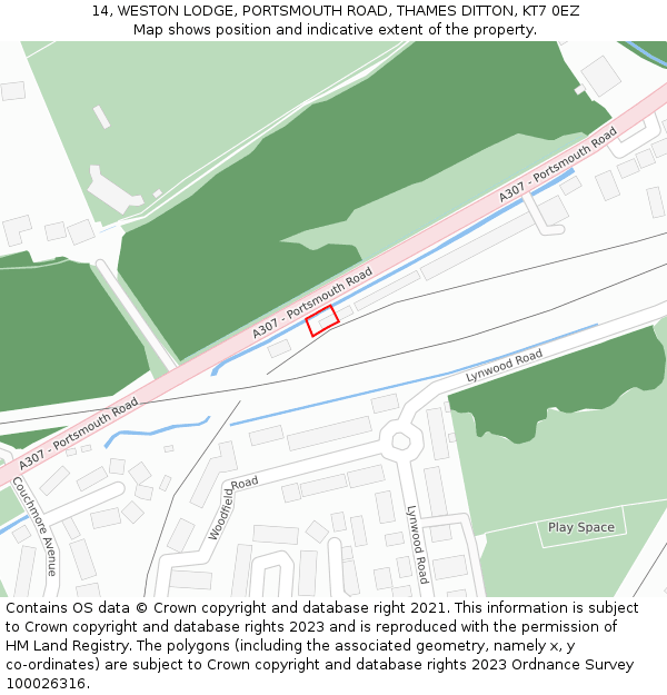 14, WESTON LODGE, PORTSMOUTH ROAD, THAMES DITTON, KT7 0EZ: Location map and indicative extent of plot