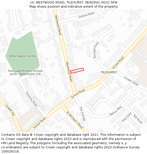 14, WESTWOOD ROAD, TILEHURST, READING, RG31 5PW: Location map and indicative extent of plot