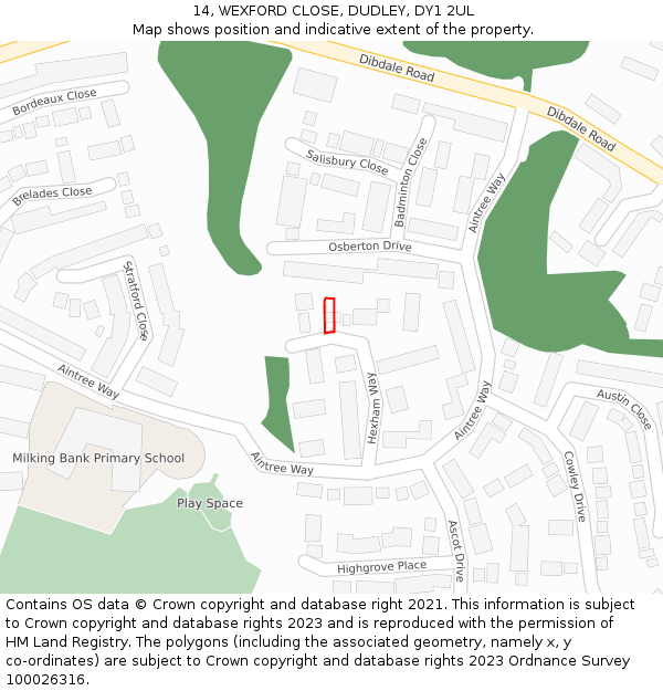14, WEXFORD CLOSE, DUDLEY, DY1 2UL: Location map and indicative extent of plot