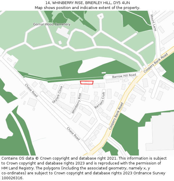 14, WHINBERRY RISE, BRIERLEY HILL, DY5 4UN: Location map and indicative extent of plot