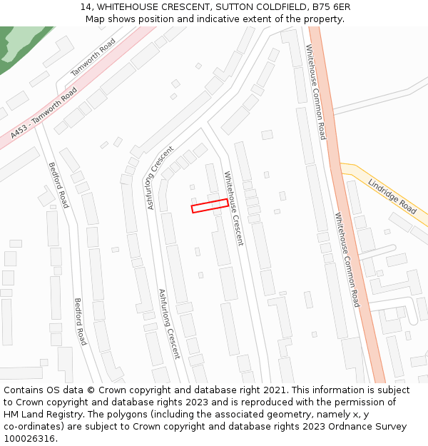 14, WHITEHOUSE CRESCENT, SUTTON COLDFIELD, B75 6ER: Location map and indicative extent of plot